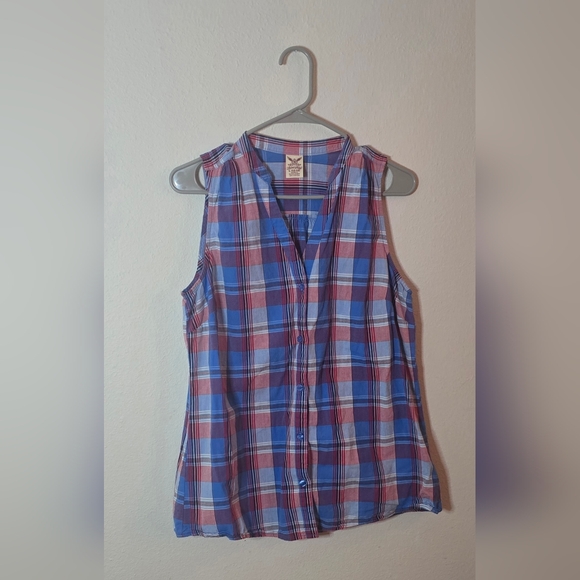 Faded Glory Tops - Faded Glory Plaid Sleeveless Button Front Casual Summer Top Red Blue Cotton L